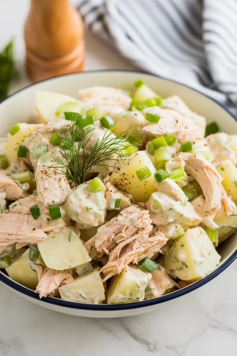 Chicken potato salad with creamy dressing and dill on a marble kitchen surface.