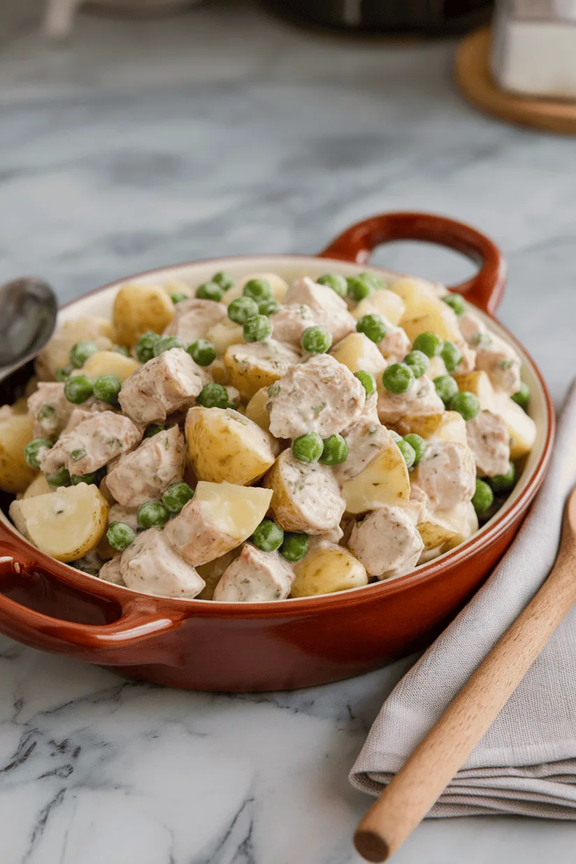 chicken potato salad with golden potatoes and creamy dressing in white kitchen setting