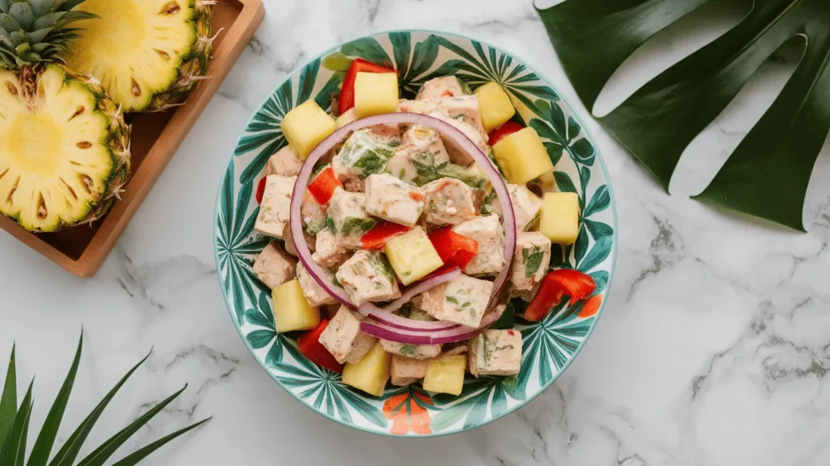 chicken salad with pineapple and diced chicken in a tropical-themed presentation