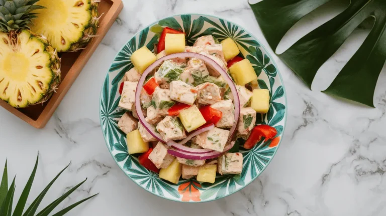chicken salad with pineapple and diced chicken in a tropical-themed presentation