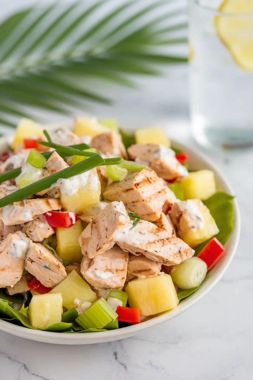 Chicken salad with pineapple, bell pepper, and lime yogurt dressing on a white marble counter.