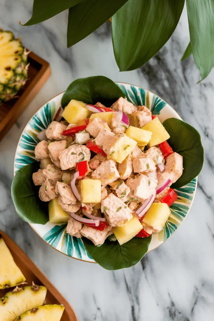 chicken salad with pineapple and diced chicken in a tropical-themed presentation