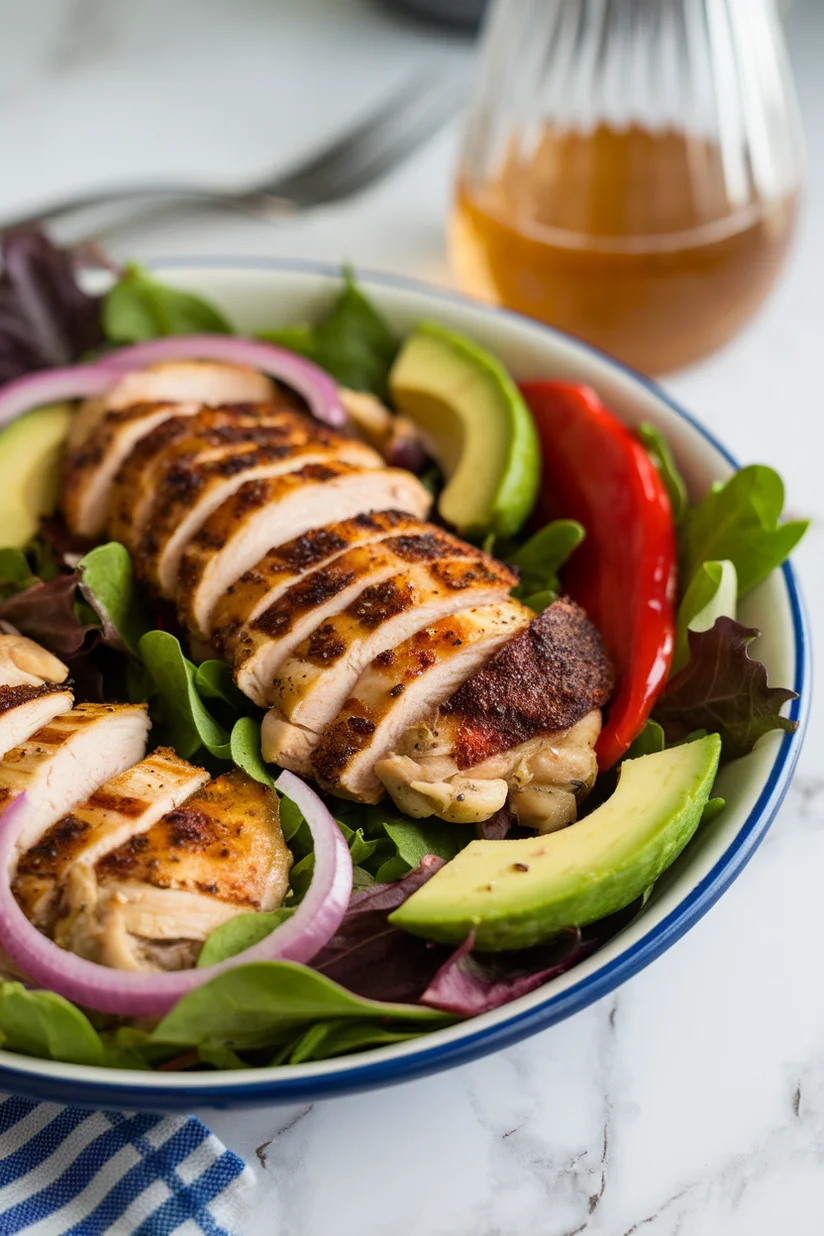 Chicken thigh salad with avocado and red pepper on a modern marble kitchen counter.