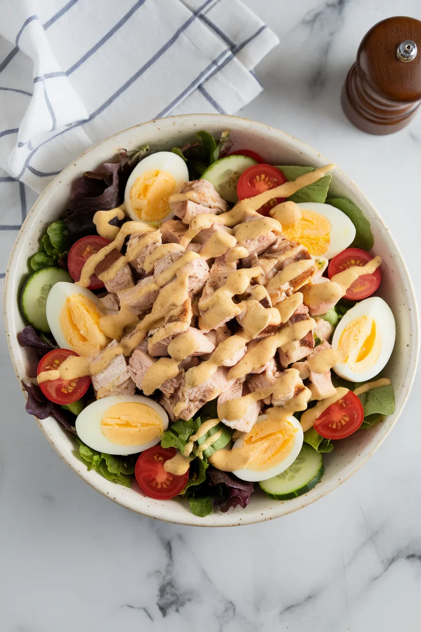 Chicken and egg salad with cucumber and mustard dressing on a white marble kitchen counter.