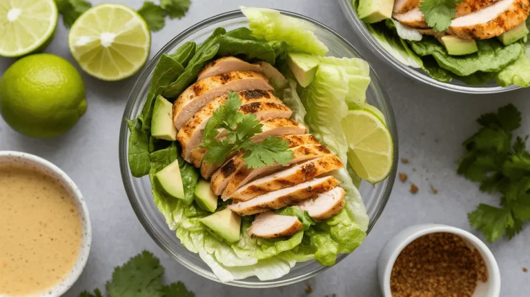 cilantro lime chicken salad with grilled chicken and avocado in glass bowl