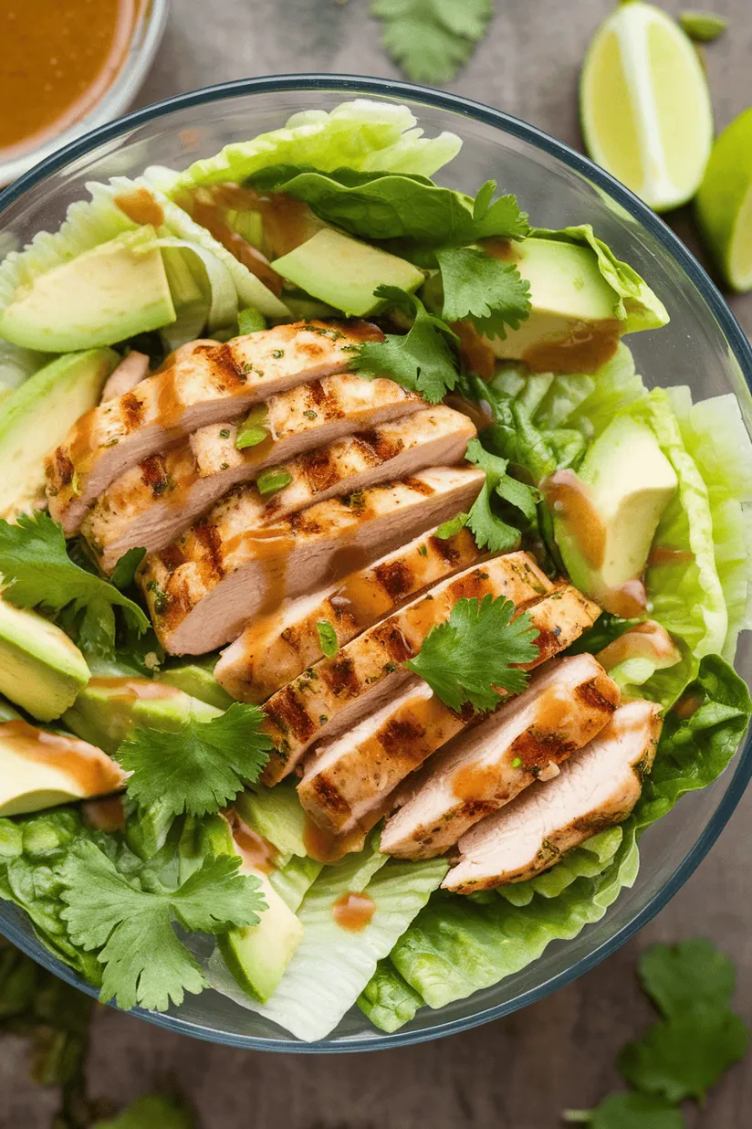 cilantro lime chicken salad with grilled chicken and avocado in glass bowl