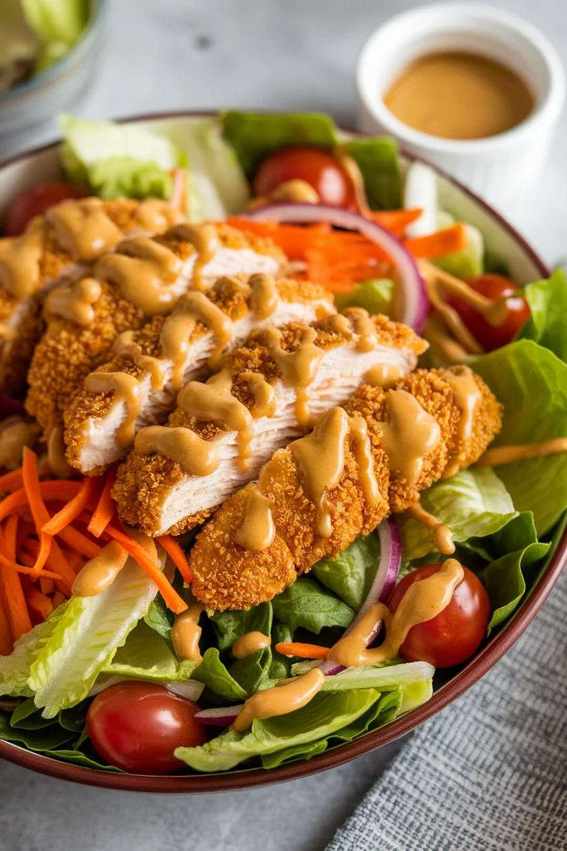 Crispy chicken salad with romaine, carrots, and honey mustard on a white marble counter.