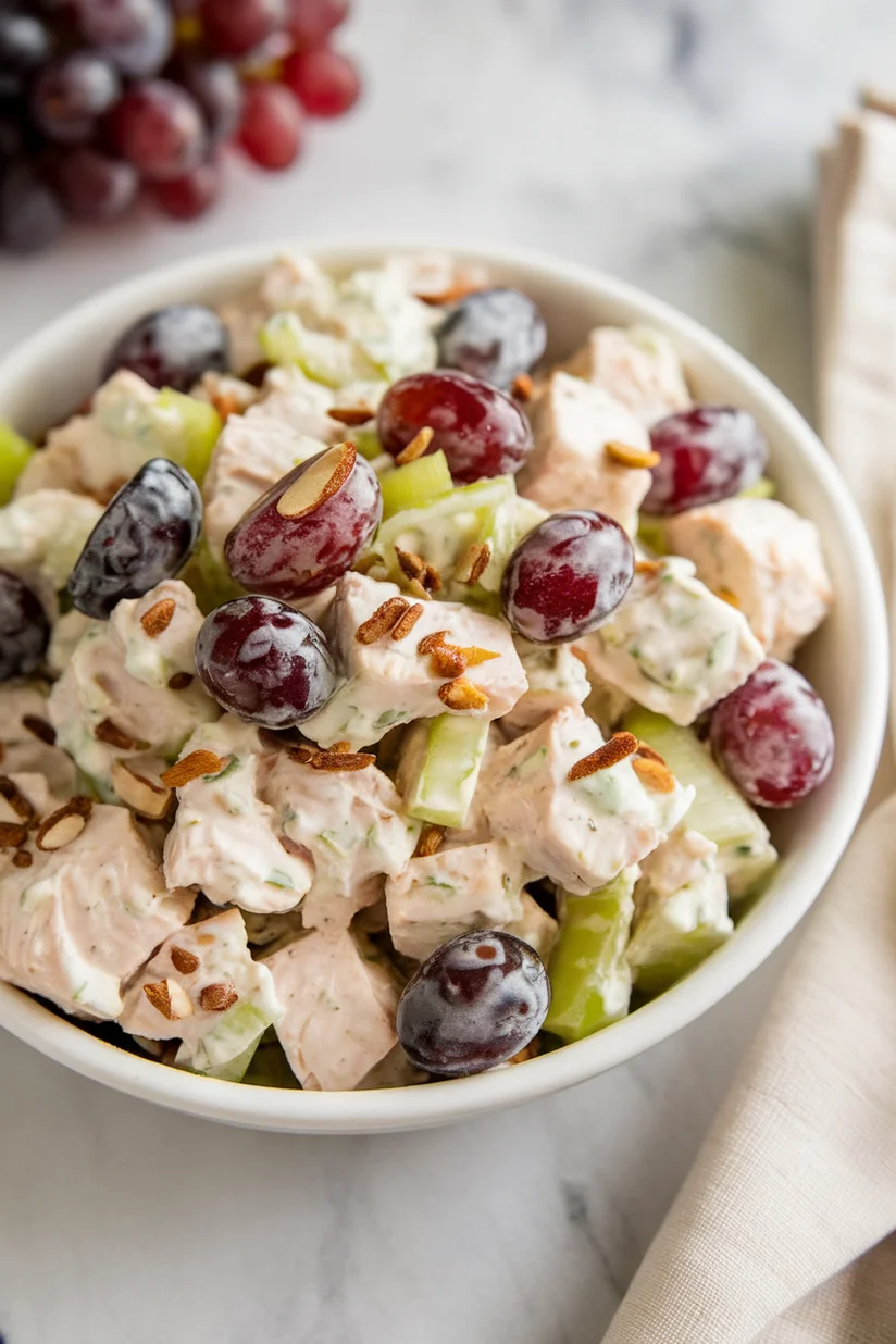 Grape chicken salad with celery and almonds in a creamy dressing on a white marble countertop.