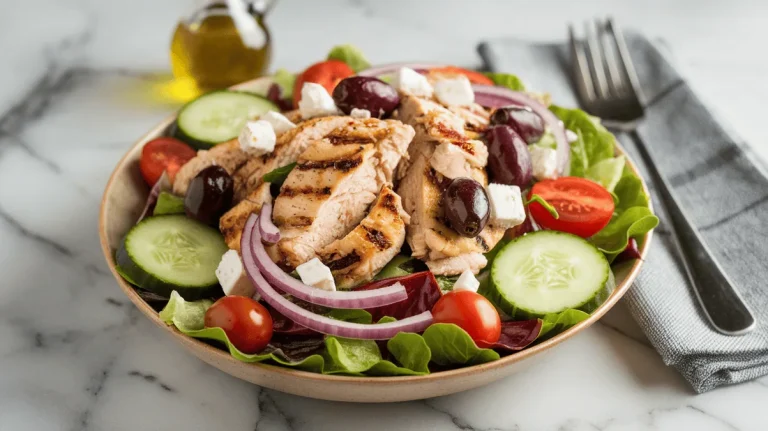Greek chicken salad with grilled chicken and feta cheese in a Mediterranean-inspired bowl