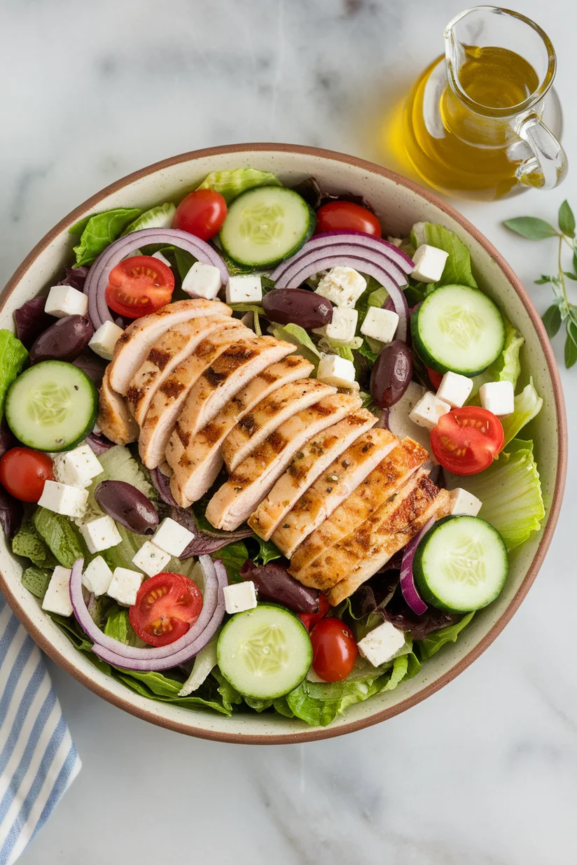Greek chicken salad with feta, olives, and grilled chicken on a white marble kitchen surface.