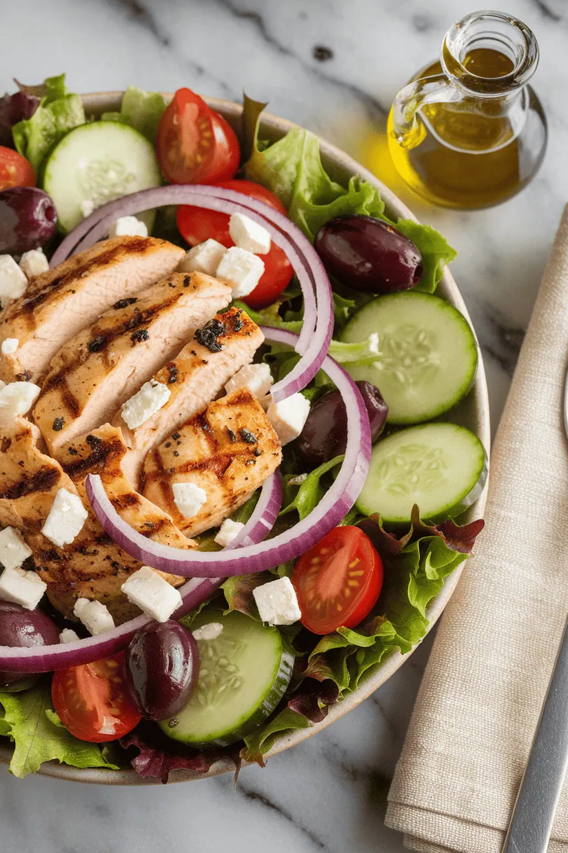 Greek chicken salad with grilled chicken and feta cheese in a Mediterranean-inspired bowl