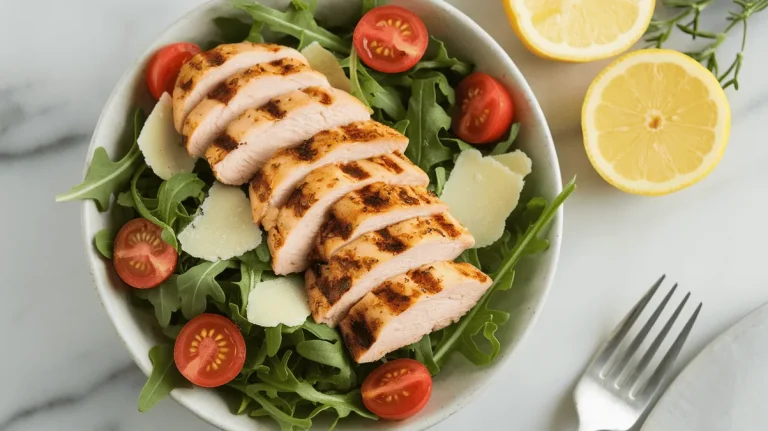 lemon chicken salad with grilled chicken and arugula in a fresh, citrus-inspired setting