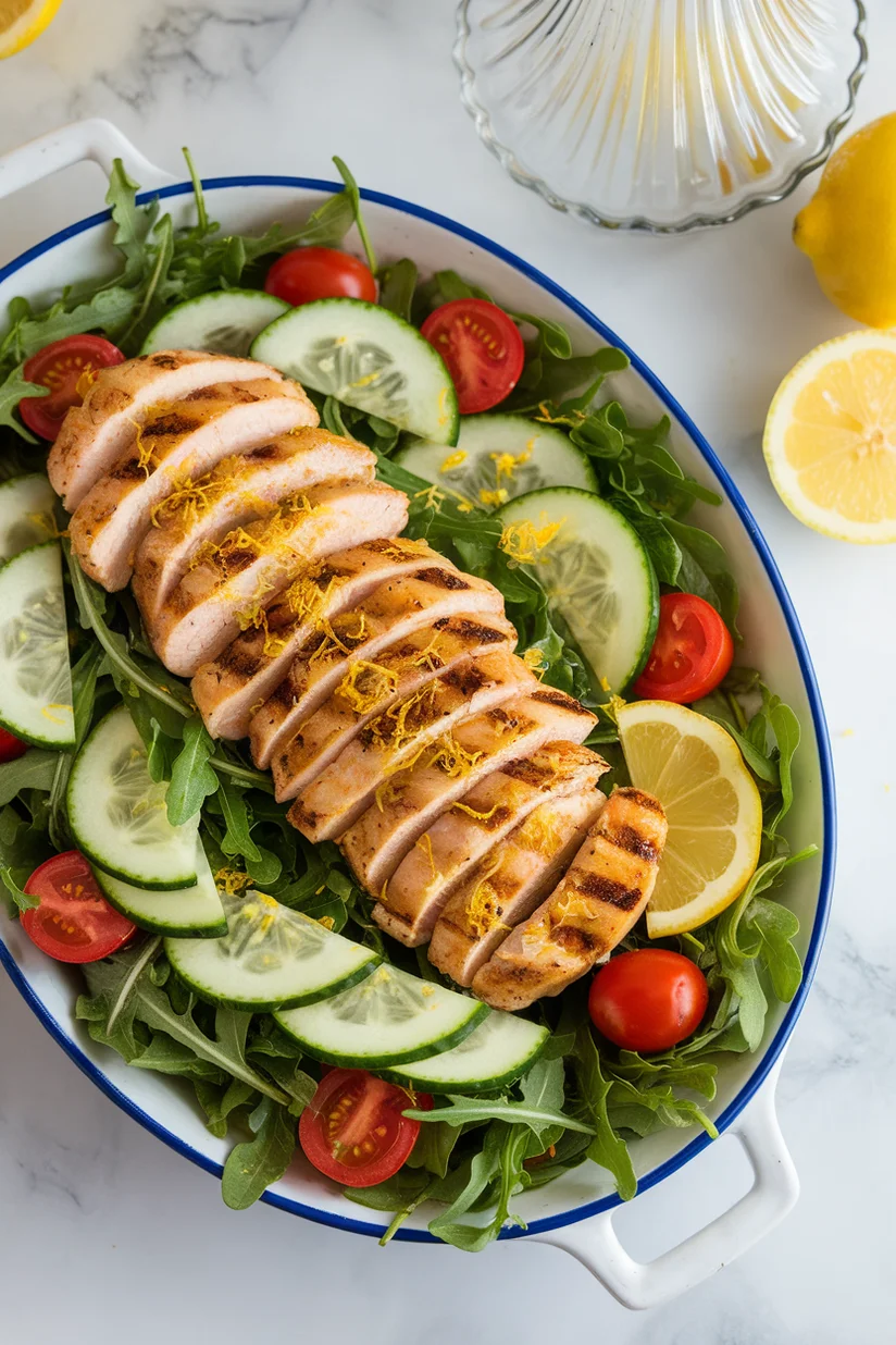 Lemon chicken salad with arugula, cucumber, and grilled chicken on a marble kitchen counter.