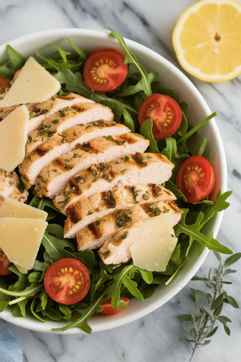 lemon chicken salad with grilled chicken and arugula in a fresh, citrus-inspired setting