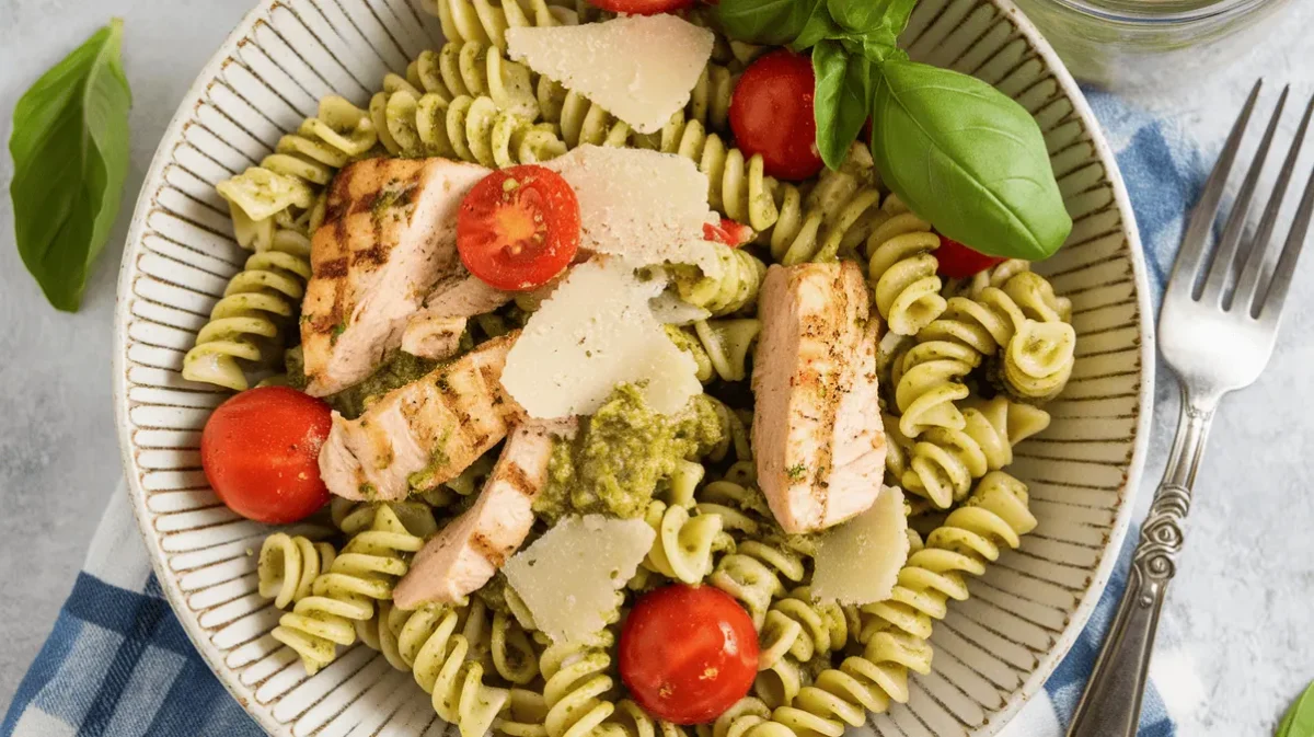 pesto chicken pasta salad with green pesto and grilled chicken in white textured bowl