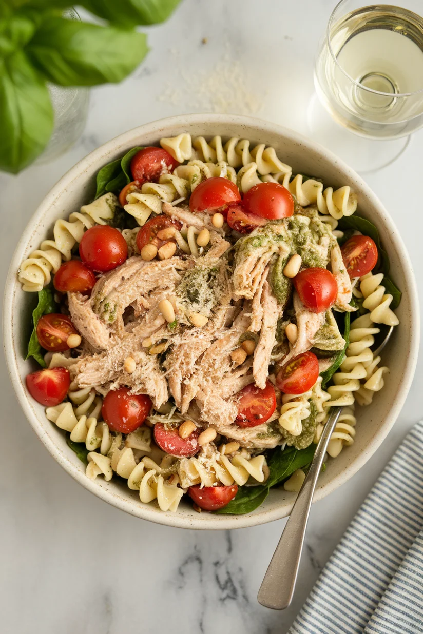 Pesto chicken pasta salad with spiral noodles and spinach on a marble countertop.