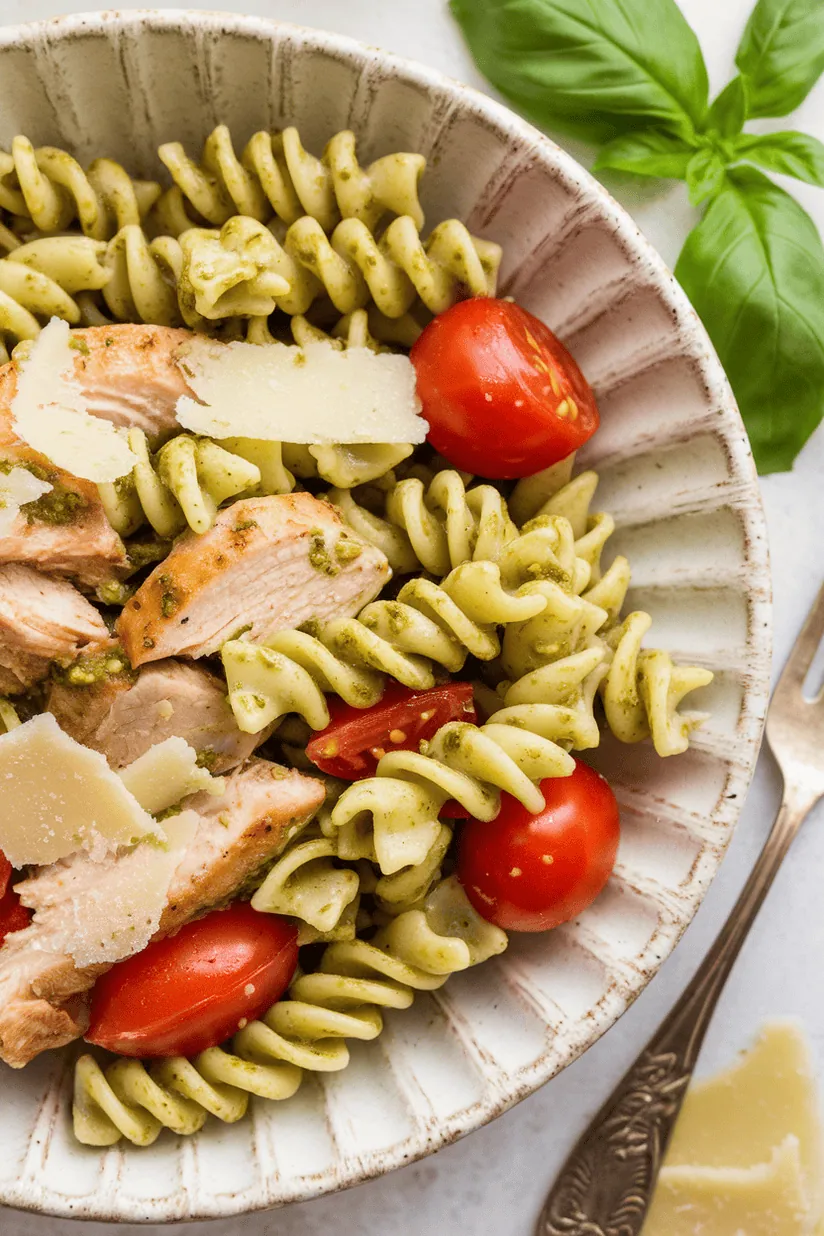 pesto chicken pasta salad with green pesto and grilled chicken in white textured bowl