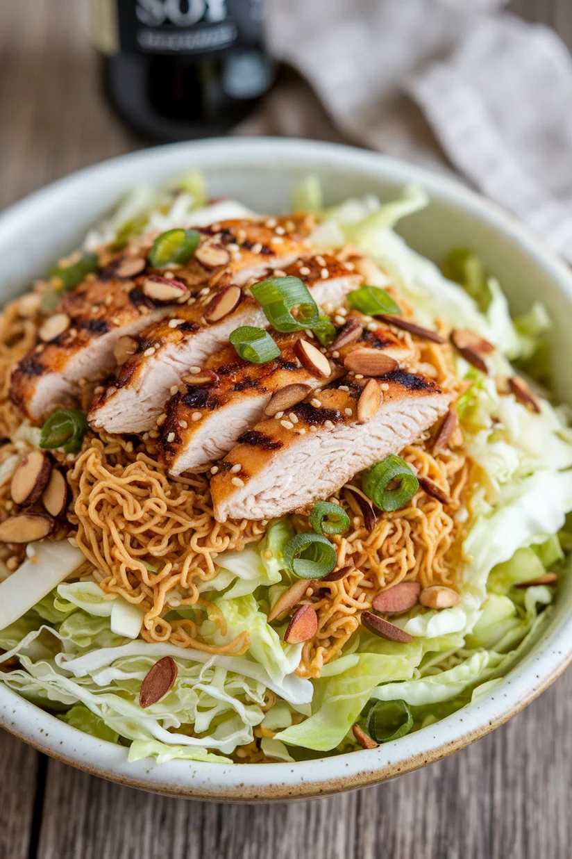 Ramen chicken salad with cabbage, almonds, and sesame soy dressing on a marble countertop.