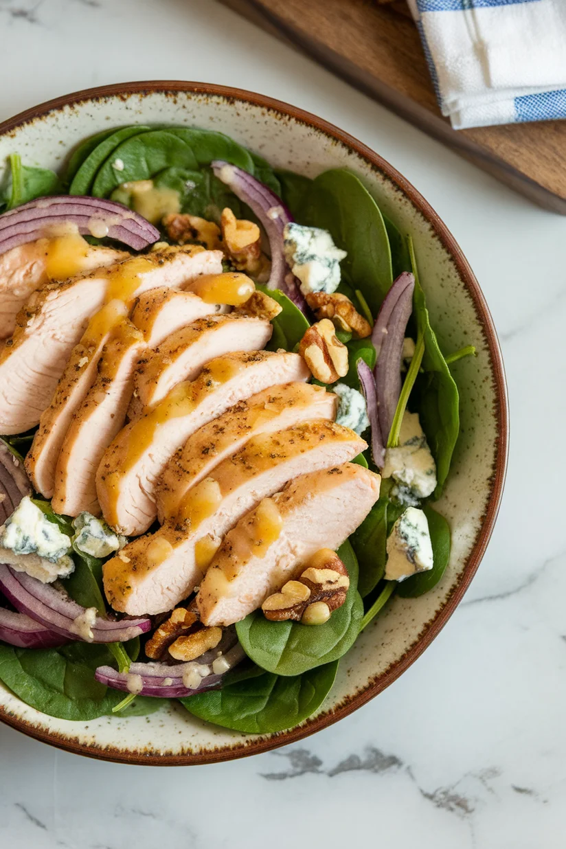 Smoked chicken salad with spinach and blue cheese on a modern marble countertop.