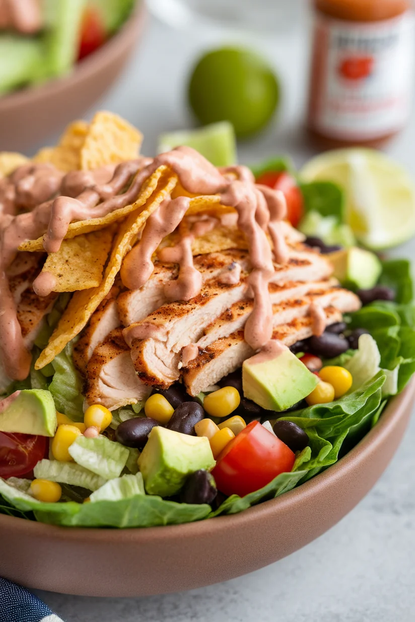 Southwest chicken salad with grilled chicken, black beans, and tortilla strips on a marble countertop.