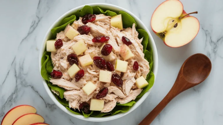 sweet chicken salad with apples and dried cranberries in a white bowl