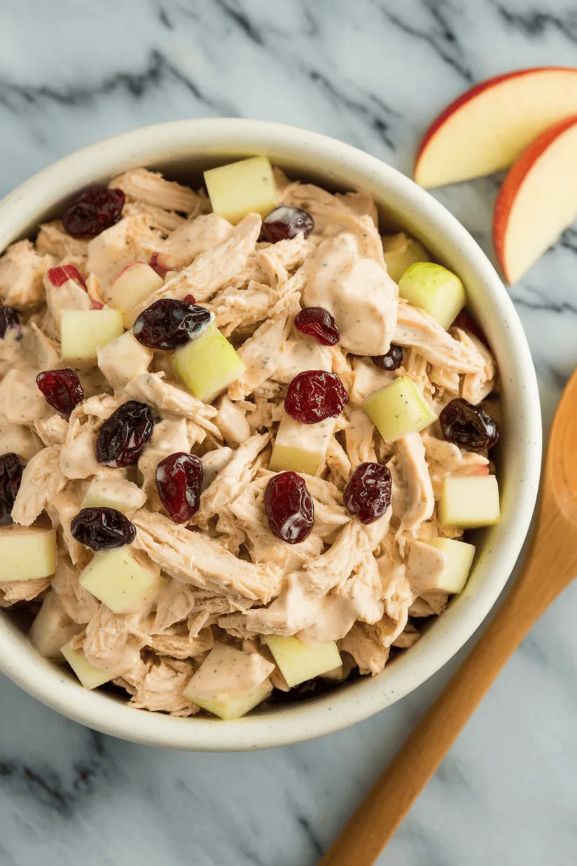 sweet chicken salad with apples and dried cranberries in a white bowl