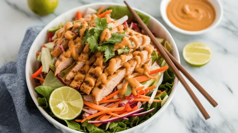 Thai peanut chicken salad with colorful veggies and peanut dressing on white marble