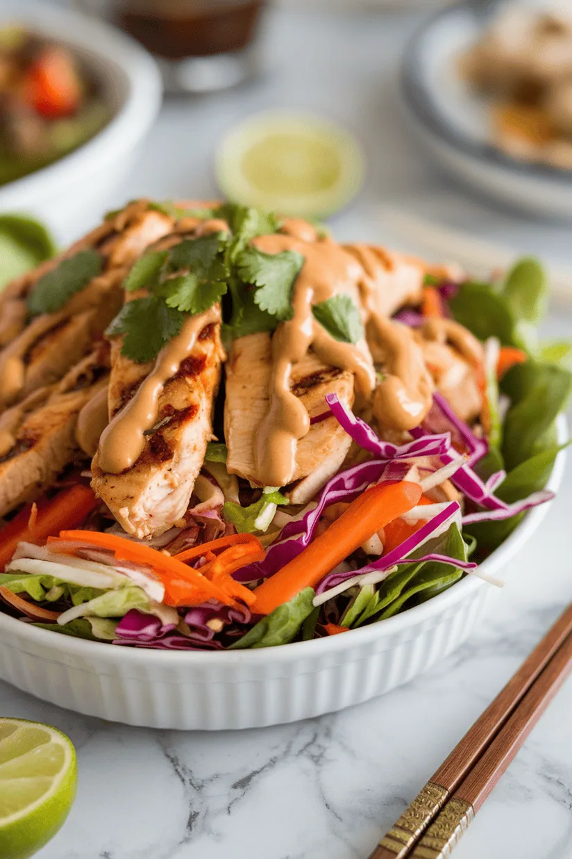 Thai peanut chicken salad with cabbage, carrots, and creamy dressing on a white marble countertop.