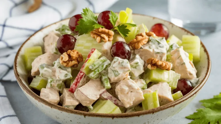 Waldorf chicken salad with grapes and apples in creamy dressing on marble countertop