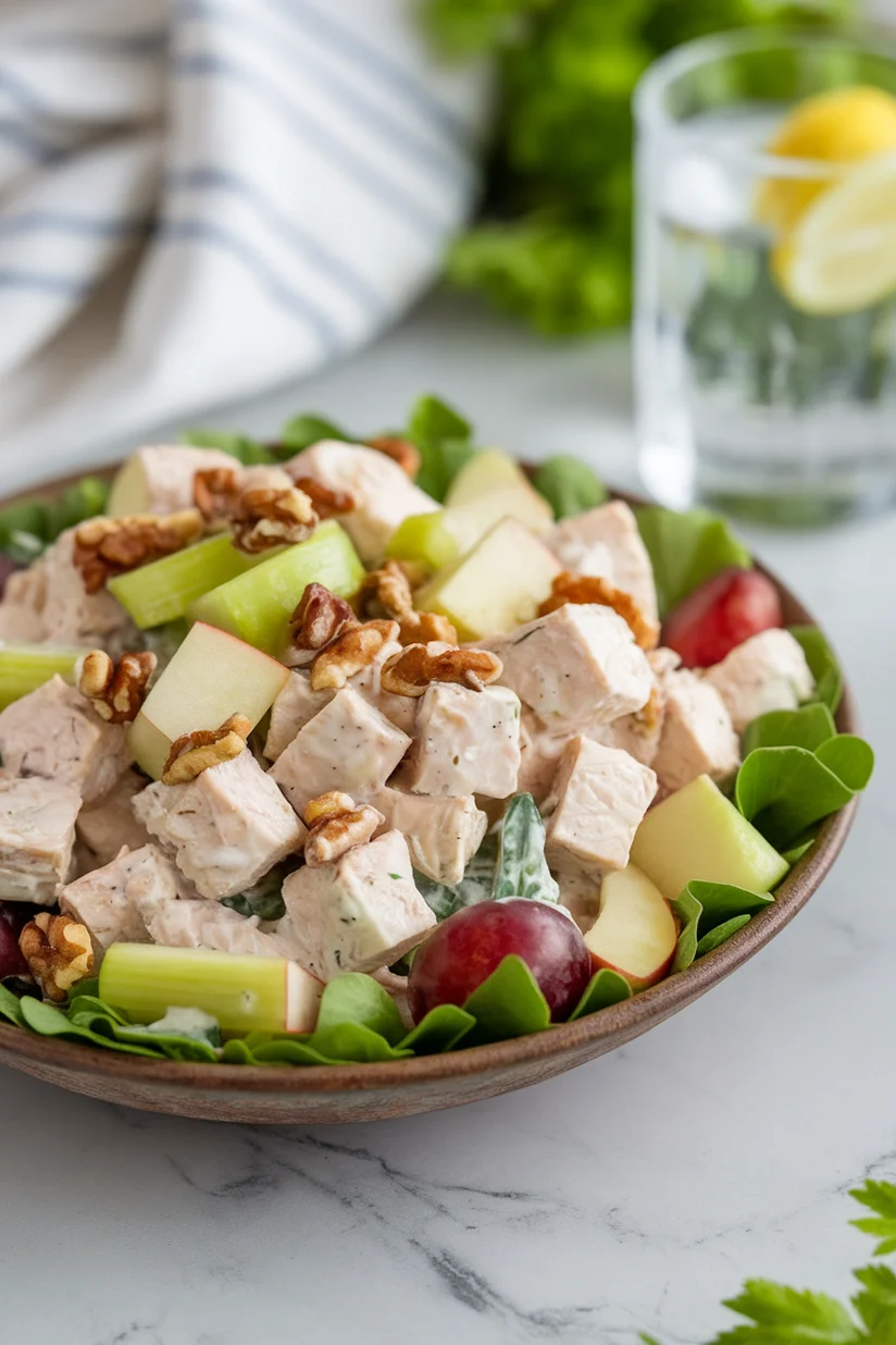 Waldorf chicken salad with apples, grapes, and walnuts on a white marble countertop.