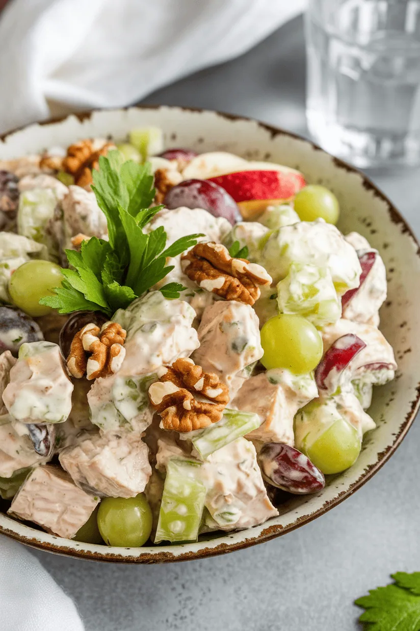 Waldorf chicken salad with grapes and apples in creamy dressing on marble countertop