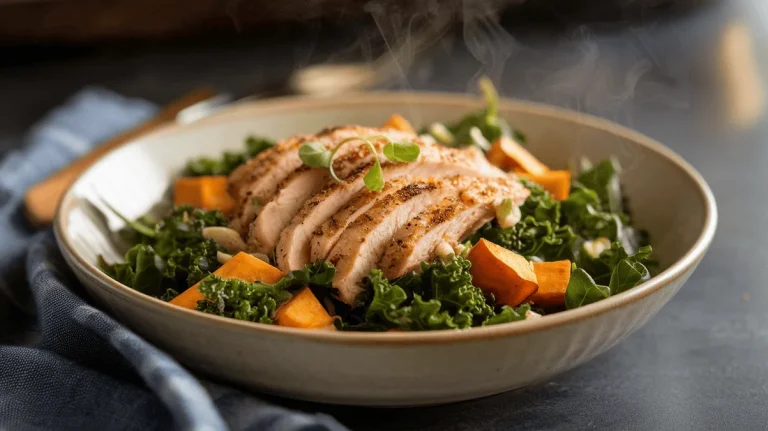 warm chicken salad with sautéed chicken and kale in a ceramic bowl on marble surface