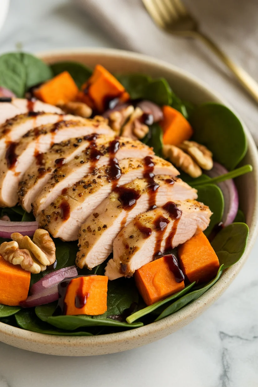Warm chicken salad with spinach, sweet potatoes, and balsamic glaze on a white marble surface.