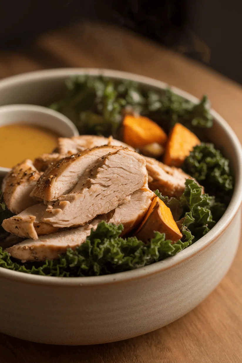 warm chicken salad with sautéed chicken and kale in a ceramic bowl on marble surface