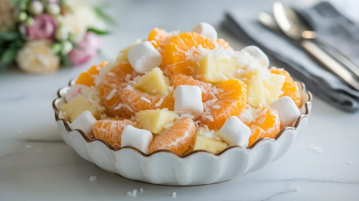 Ambrosia fruit salad with coconut, oranges, and marshmallows in a creamy mix on a white counter.