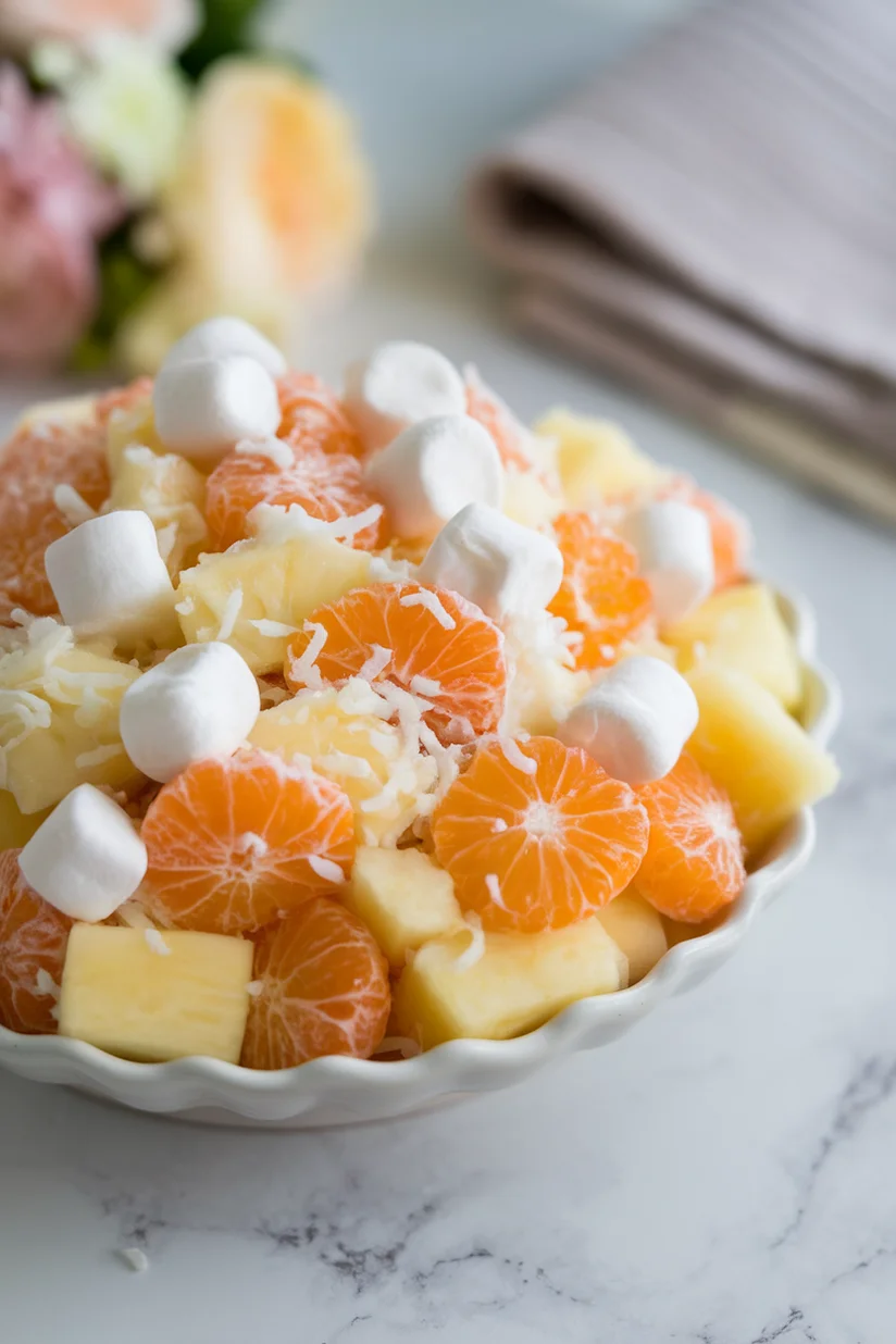 Ambrosia fruit salad with coconut, oranges, and marshmallows in a creamy mix on a white counter.