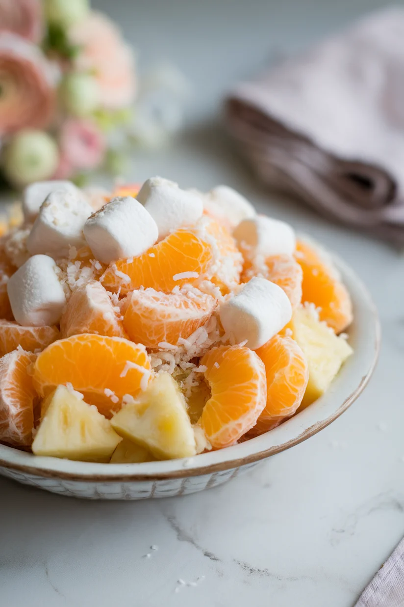 Ambrosia fruit salad with coconut, oranges, and marshmallows in a creamy mix on a white counter.