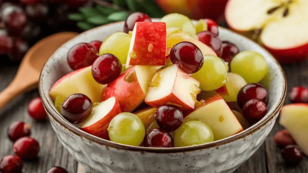 Apple fruit salad with red and green chunks in a white bowl.