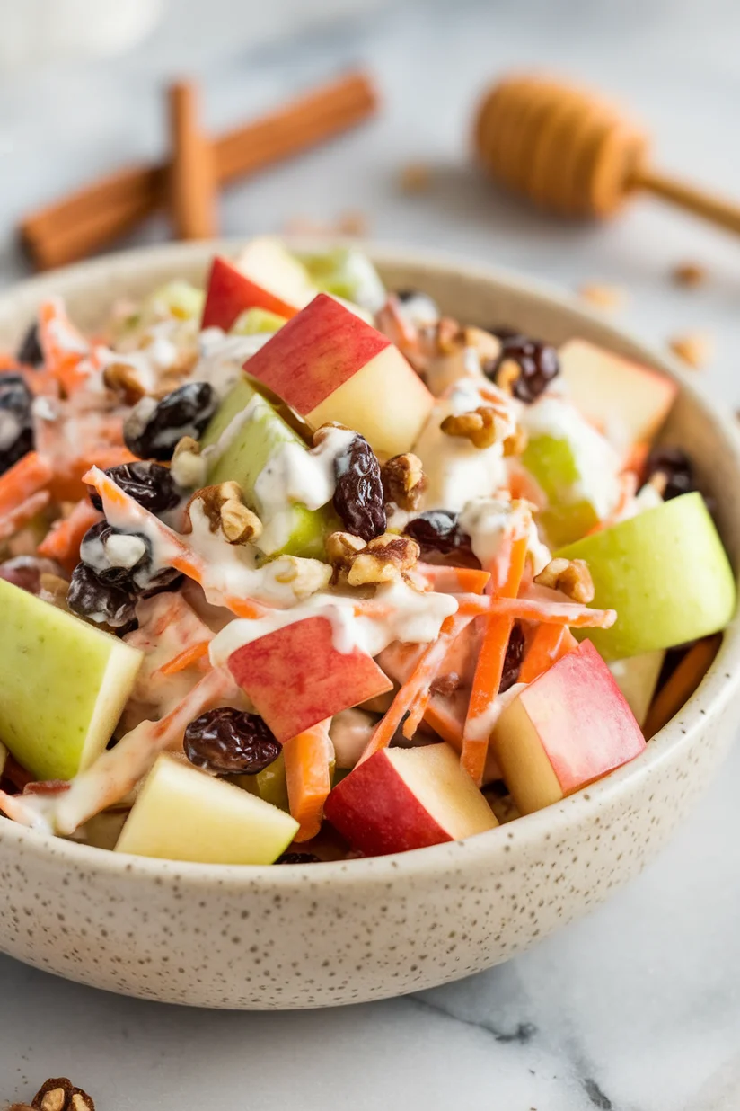 Apple fruit salad with chopped apples and creamy dressing on white marble countertop.