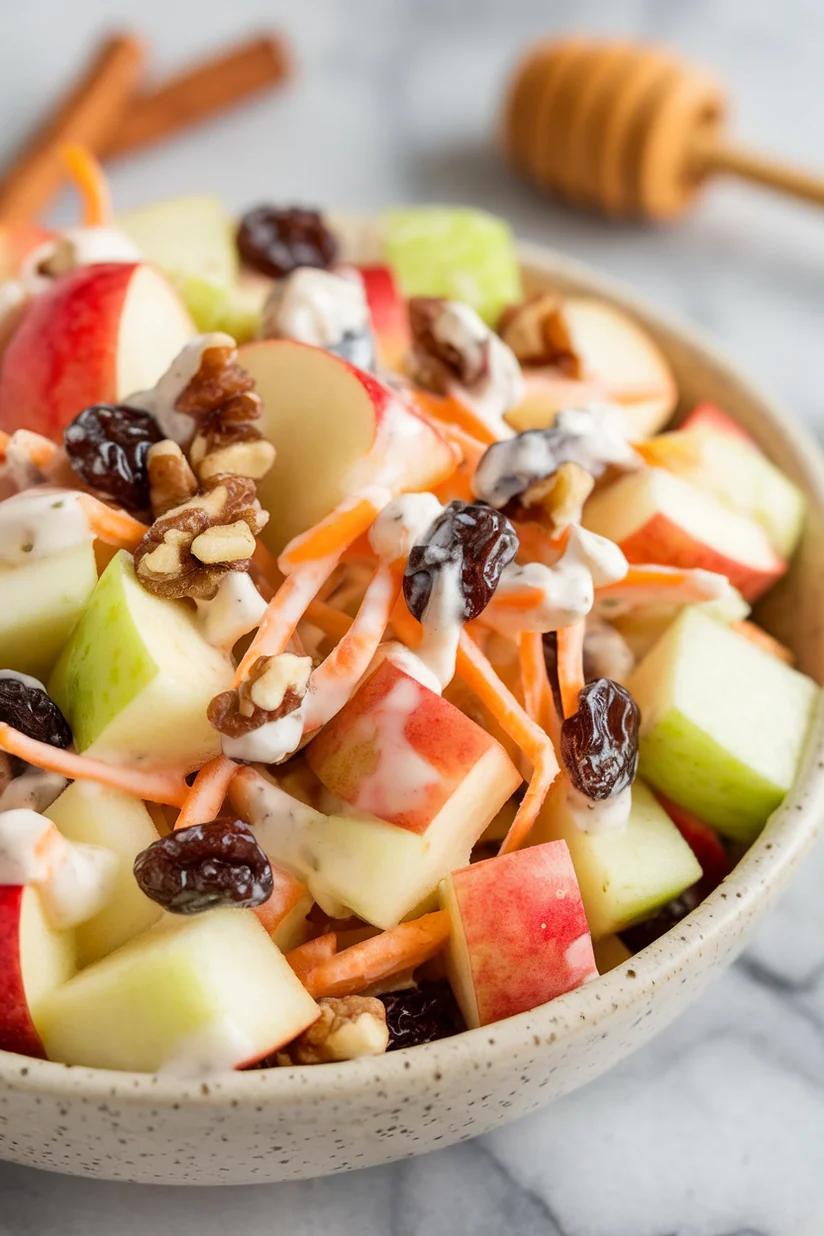 Apple fruit salad with chopped apples and creamy dressing on white marble countertop.