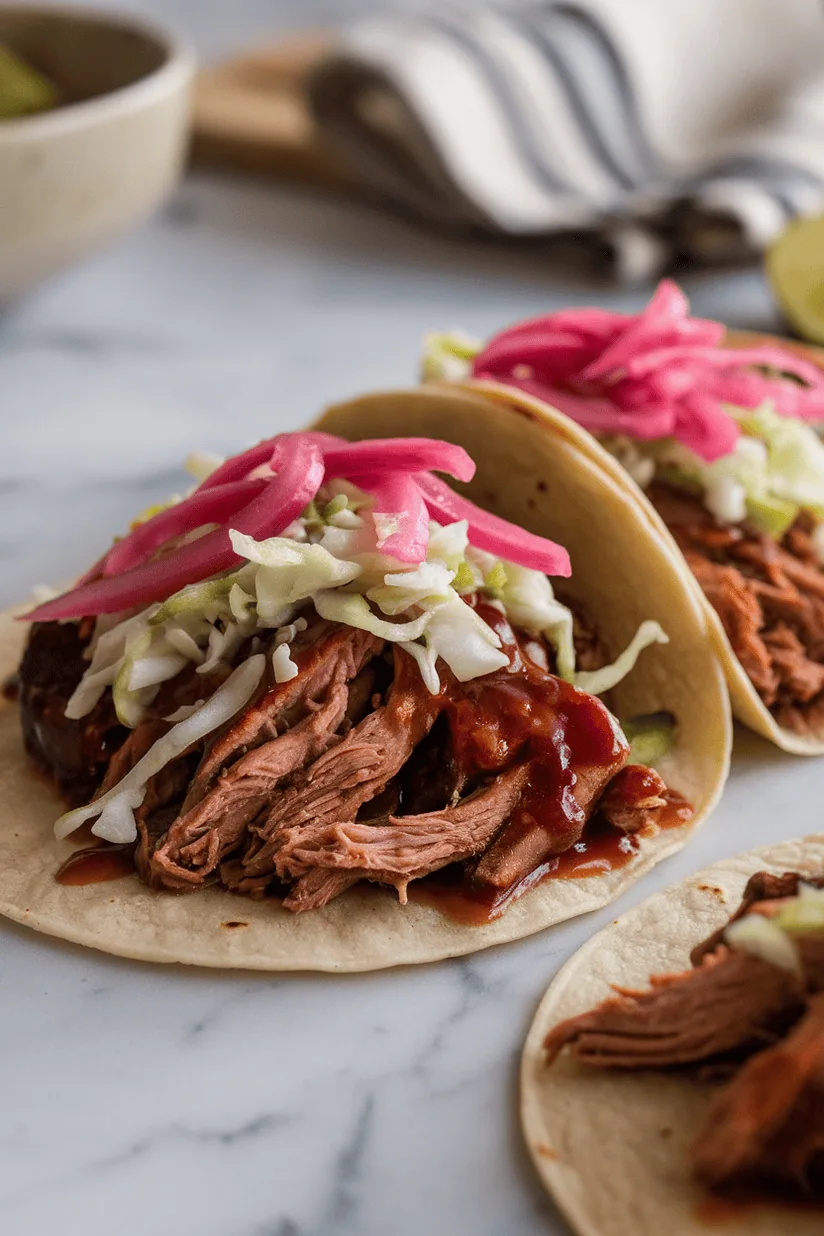 bbq pork tacos with shredded glazed pork and slaw in soft tortillas
