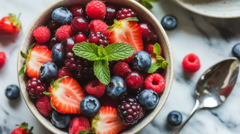 Berry fruit salad with assorted glazed berries in a ceramic bowl on a marble countertop.
