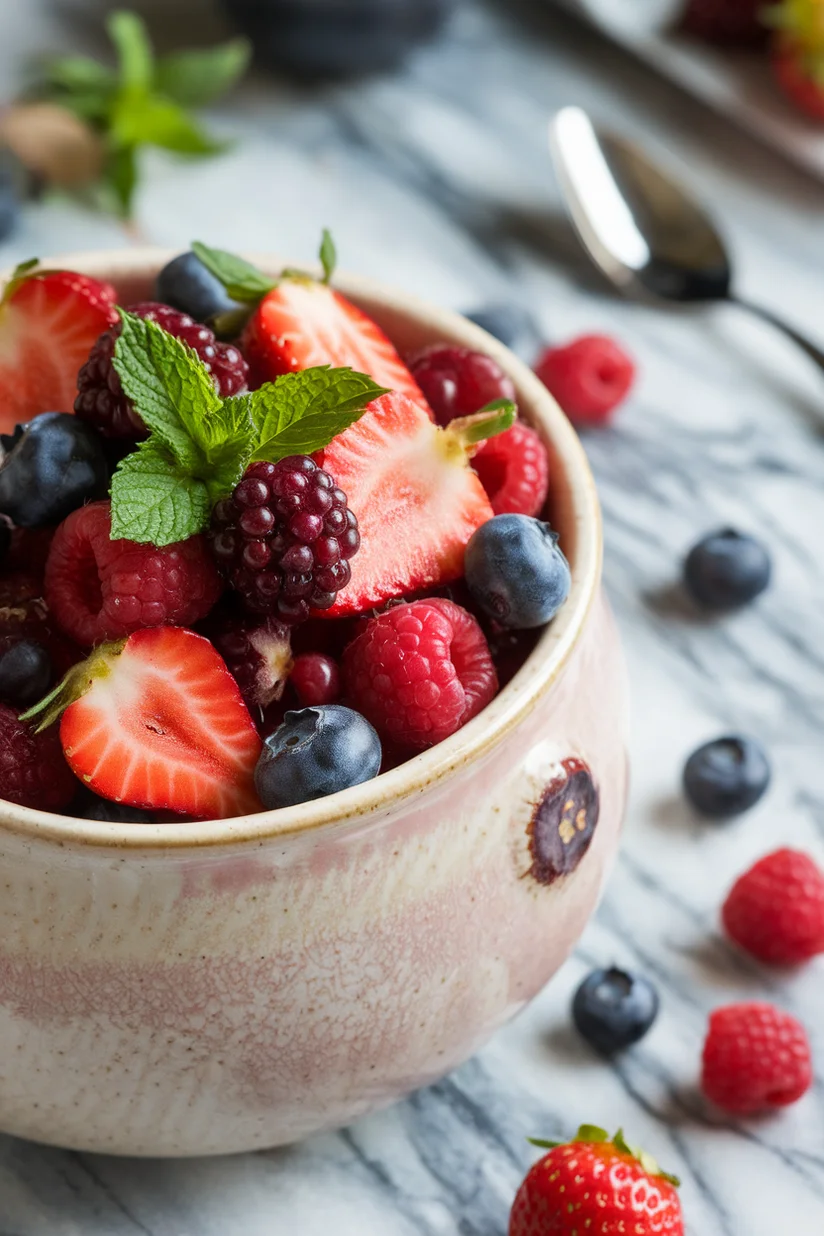 Berry fruit salad with assorted glazed berries in a ceramic bowl on a marble countertop.