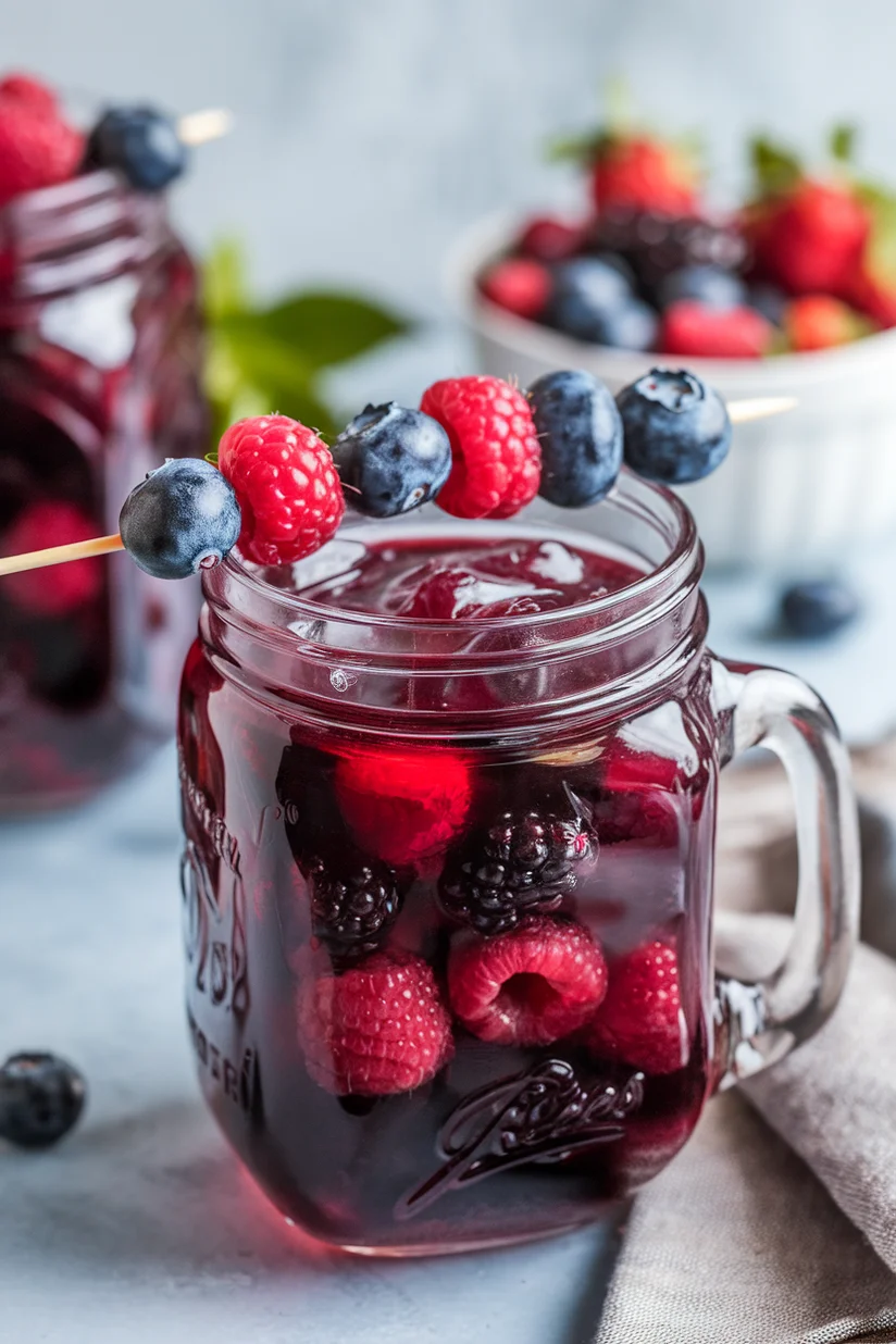 Berry lemonade with mixed berries and ice in a mason jar-style glass.