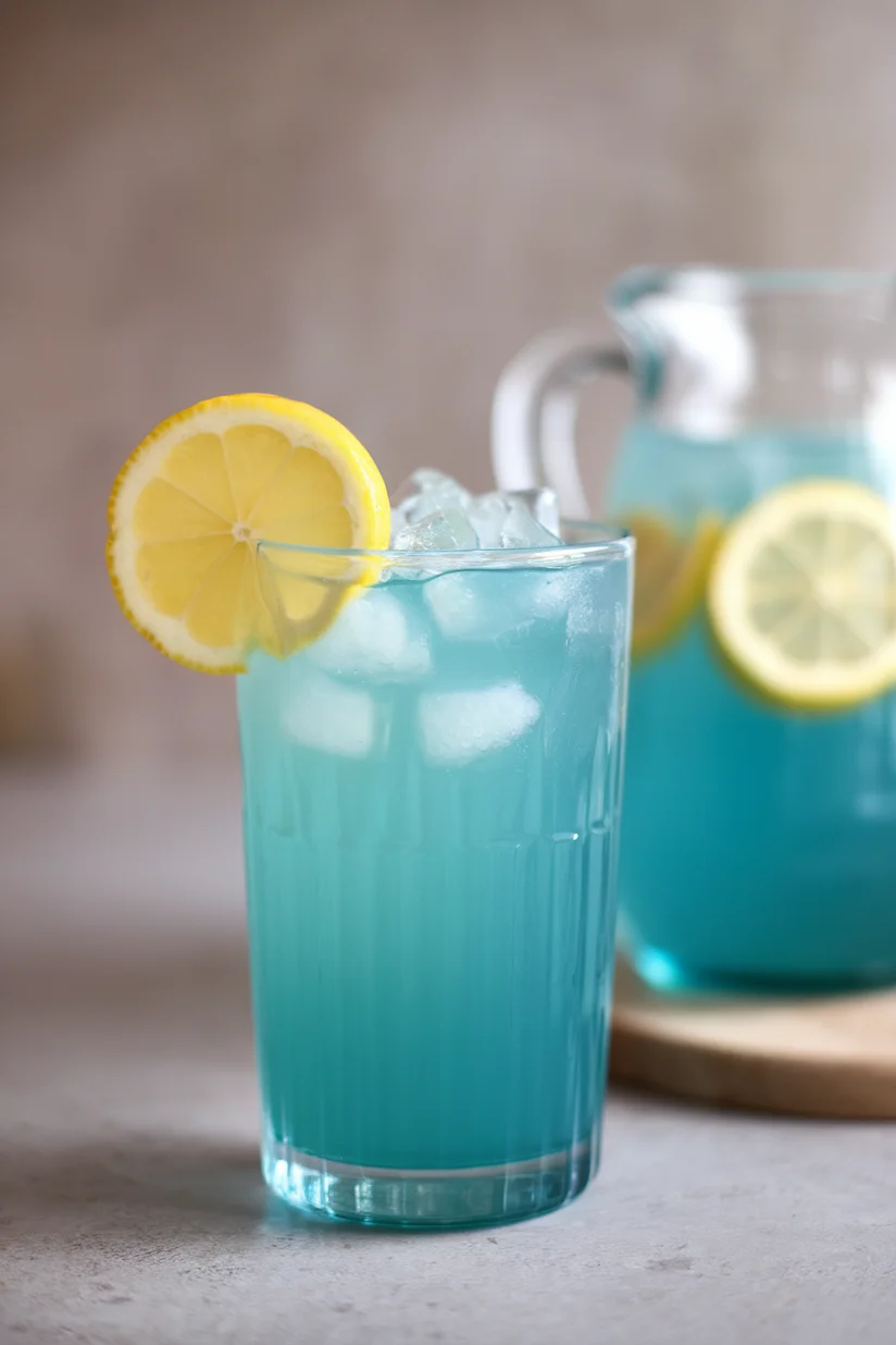Blue lemonade with bright color, lemon wedge, and crushed ice in a tall glass.