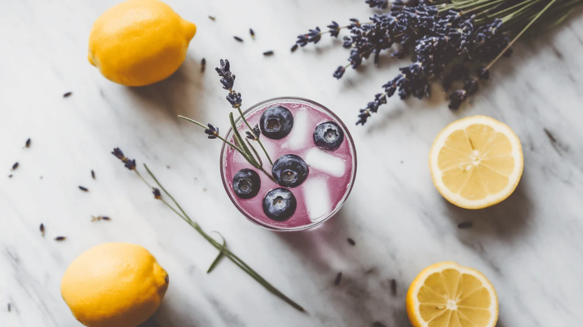 Blueberry lavender lemonade with sprigs of lavender and blueberries on marble.