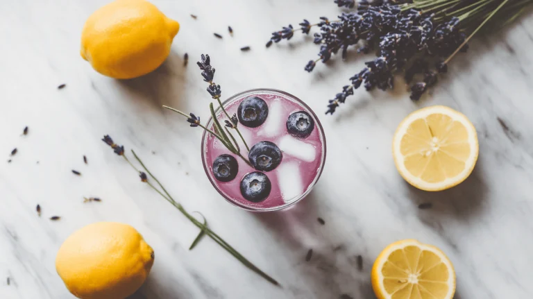 Blueberry lavender lemonade with sprigs of lavender and blueberries on marble.