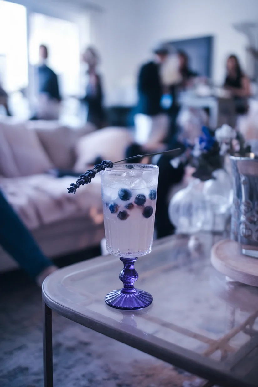 Blueberry lavender lemonade in soft purple tones with lavender garnish on a party table.