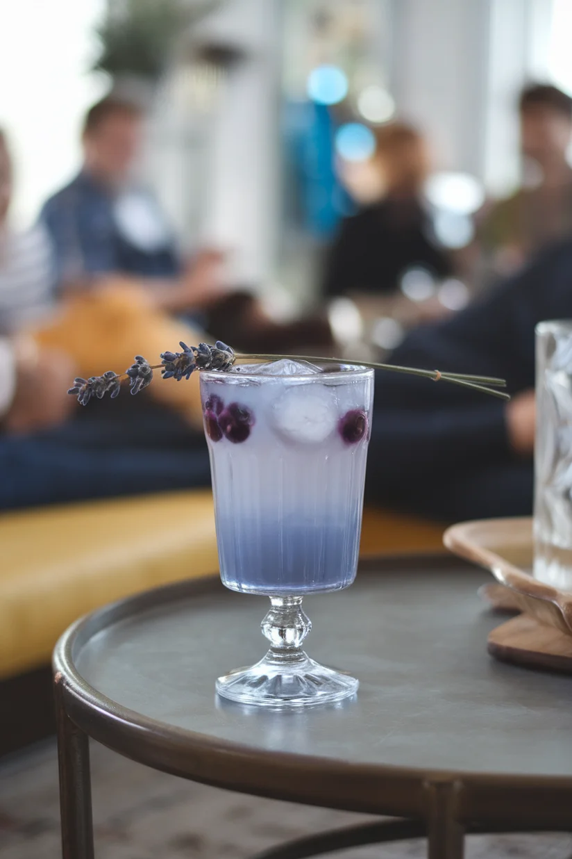 Blueberry lavender lemonade in soft purple tones with lavender garnish on a party table.