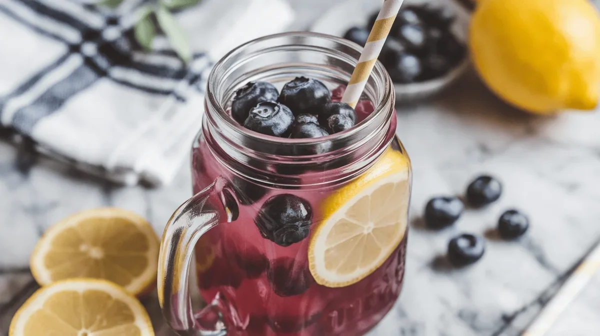Blueberry lemonade in a mason jar with lemon wheels and whole blueberries.